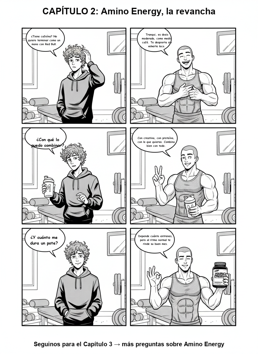 Cómic Amino Energy Capítulo 2: Mati y Facu responden si tiene cafeína, con qué se combina y cuánto dura un pote
