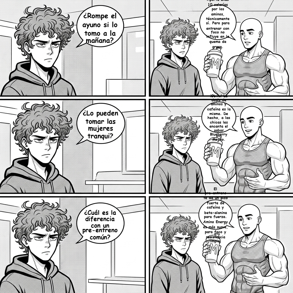 Cómic Amino Energy Capítulo 3: Mati y Facu responden si rompe el ayuno, si lo pueden tomar mujeres y la diferencia con un pre-entreno