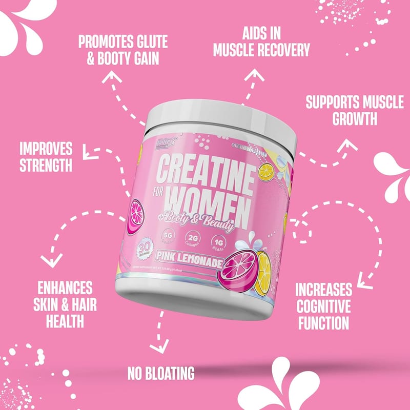 Nutrex Creatine for Women beneficios - promueve glúteos, recuperación muscular, piel y cabello