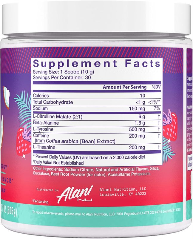 Tabla de ingredientes Alani Nu Pre-Workout — supplement facts oficial