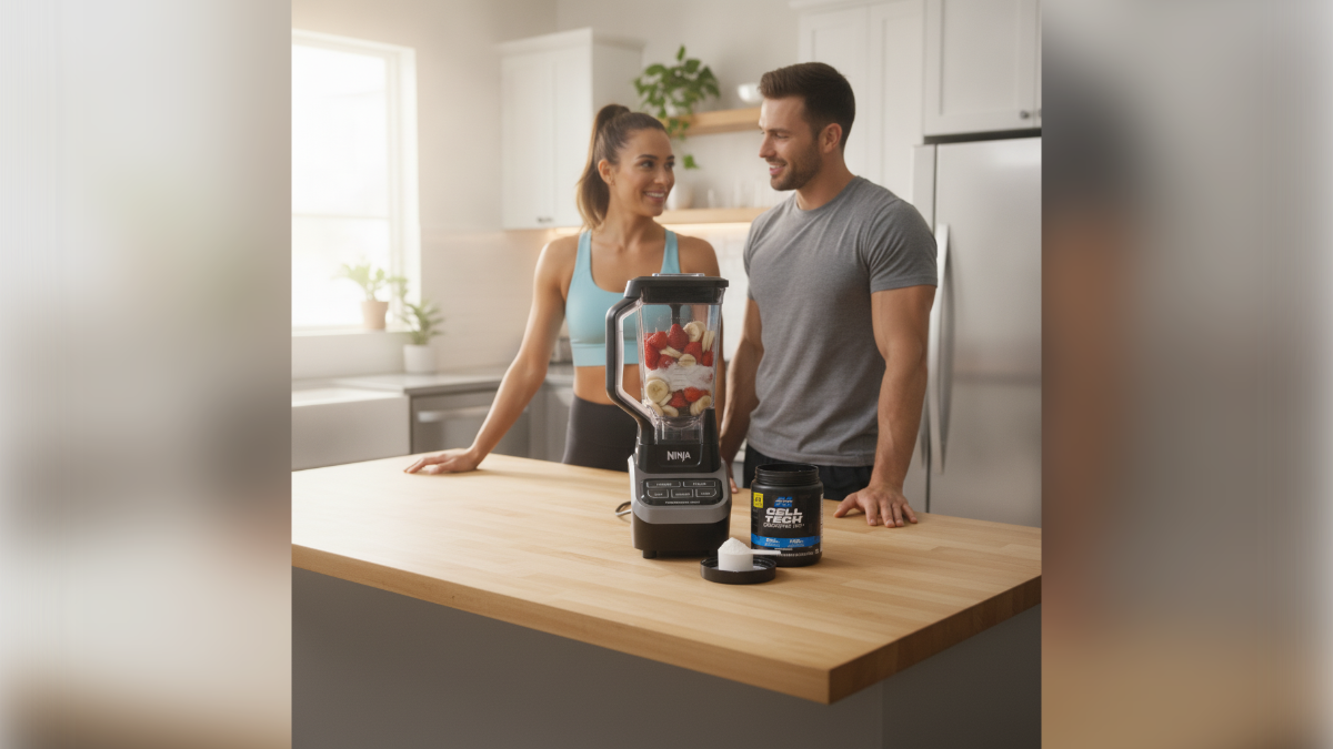Pareja preparando batido con Cell-Tech Creatine HCI+ en la cocina