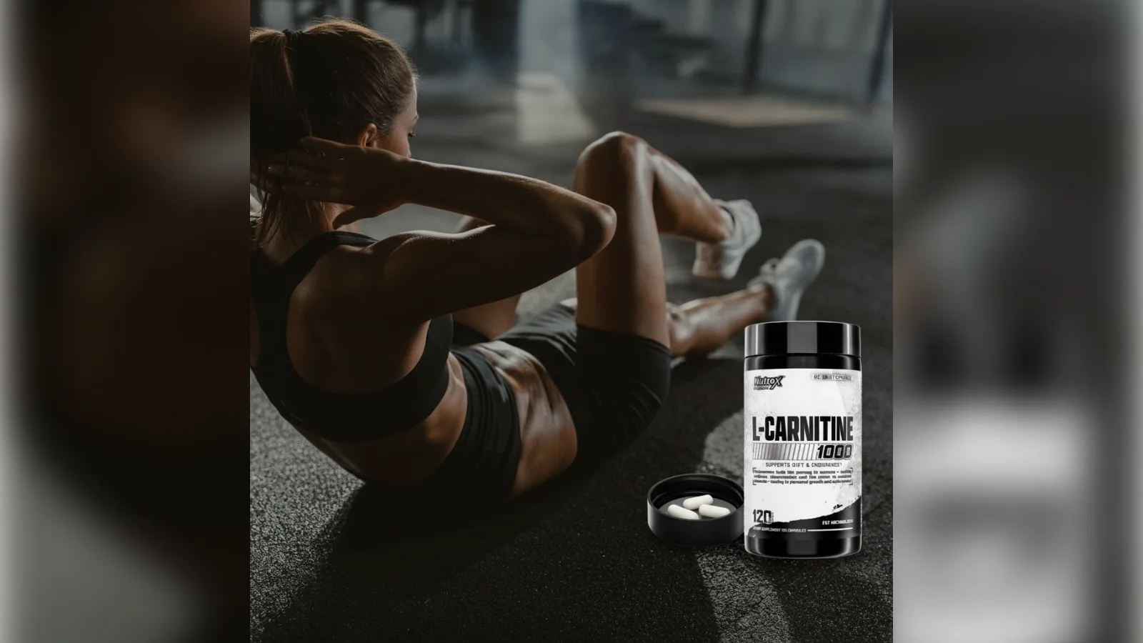 Mujer entrenando abdominales junto a un frasco de Nutrox L-Carnitine 1000, 120 cápsulas