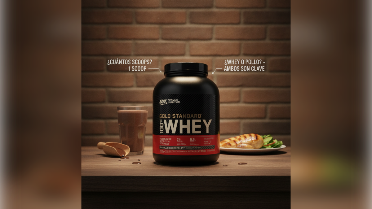 Frasco de Gold Standard 100% Whey con preguntas frecuentes sobre scoops y comida